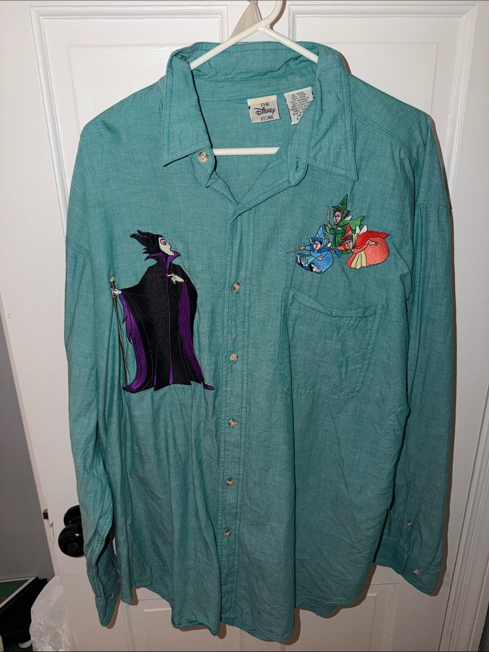 Vintage Disney Maleficent Embroidered Teal Button-Up Shirt XLarge